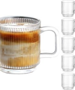 6 Pack Premium Striped Glass Coffee Mugs with Handles
